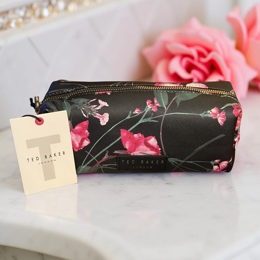 Ted Baker NWT Black & Pink Floral Cosmetic Bag with 2 Travel Bottles (P205)
